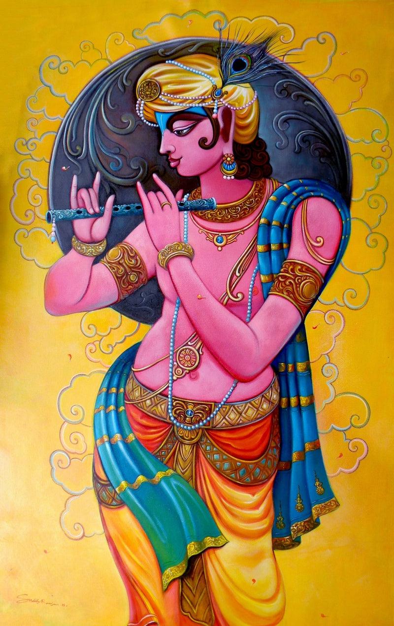 Religious acrylic painting titled 'Krishna 3', 63x39 inches, by artist Sudip Routh on Canvas