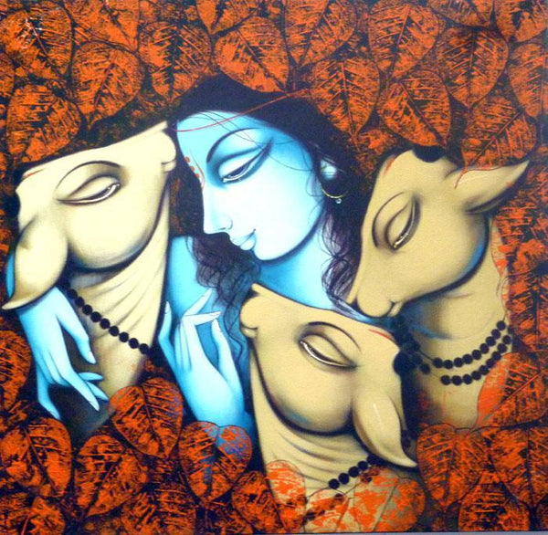Krishna And Cows Painting by Manoj Aher | ArtZolo.com