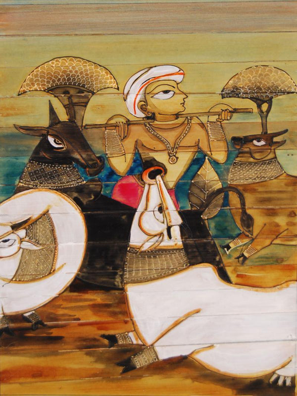 Krishna And Cows Painting by Pradeep Swain | ArtZolo.com
