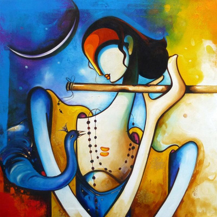 Krishna And Flute Painting by Om Swami | ArtZolo.com