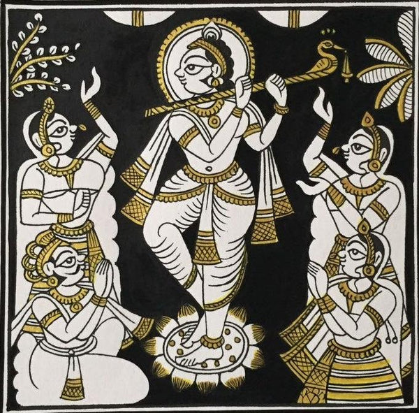 Krishna And Gopis In Black And Gold Traditional Art by Unknown | ArtZolo.com