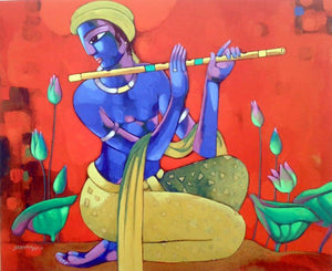 Krishna (Enchanting Flute) by Sekhar Roy, Original Acrylic Figurative Painting on Canvas, X-Large Horizontal Wall Art