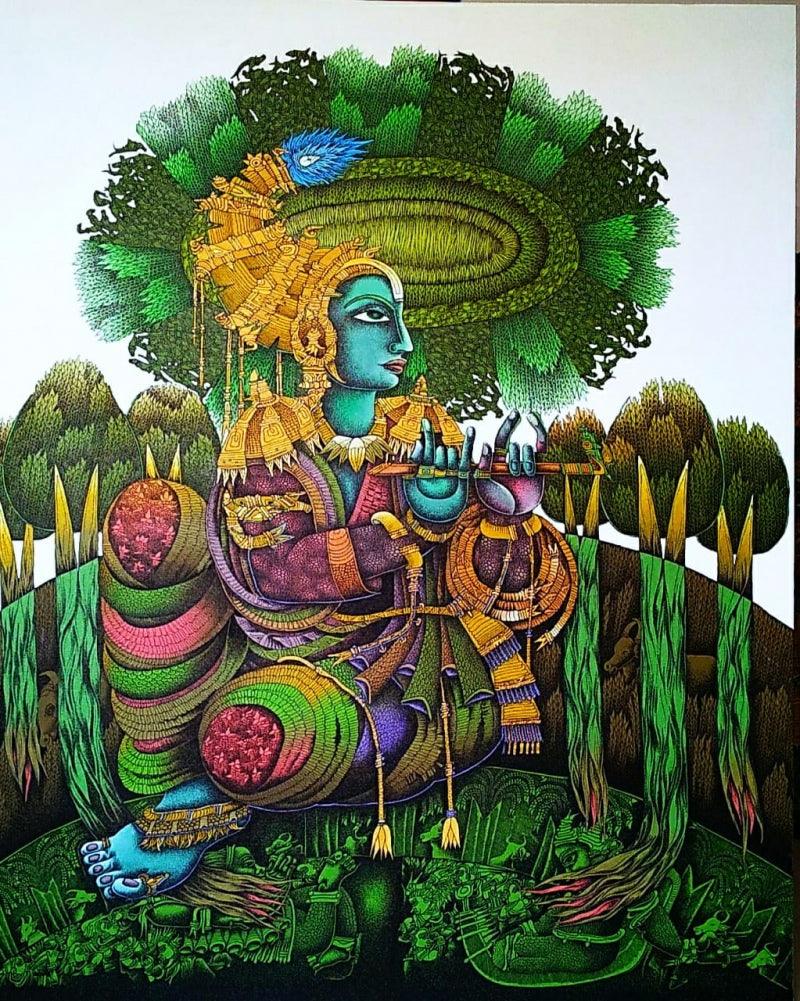 Religious acrylic painting titled 'Krishna', 5x4 inches, by artist Jitendra Dangi on Krishna