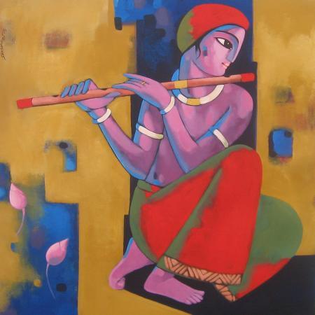 Fantasy acrylic painting titled 'Krishna', 42x42 inches, by artist Sekhar Roy on Canvas