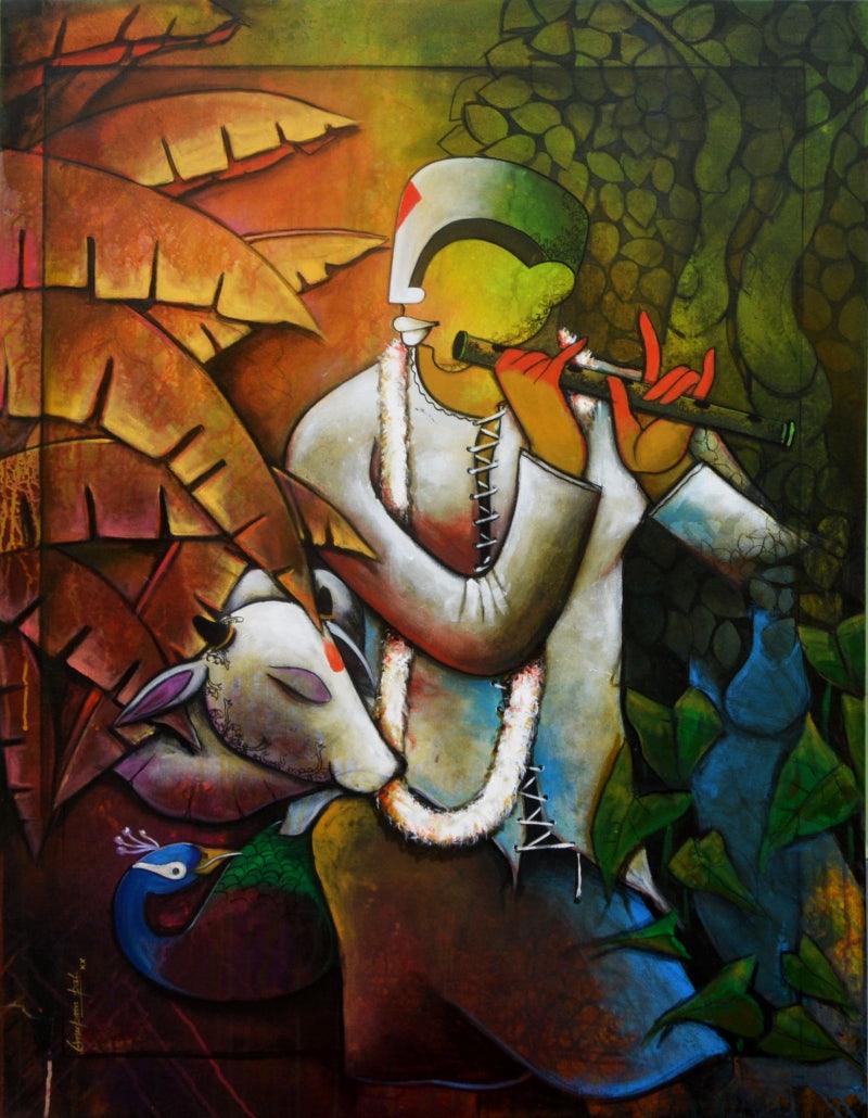 contemporary acrylic painting titled 'Krishna', 36x48 inches, by artist Anupam Pal on Canvas