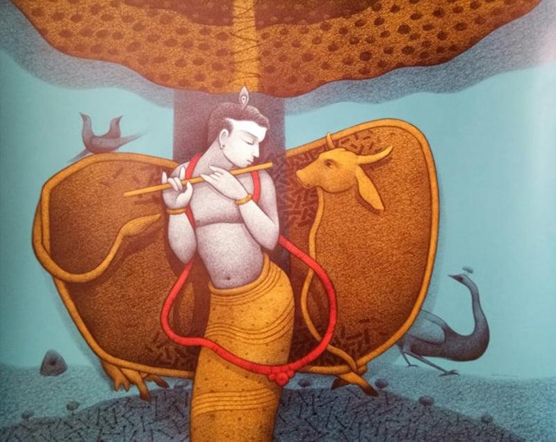 Religious mixed media painting titled 'Krishna', 30x35 inches, by artist Mohammed Suleman on Canson Paper