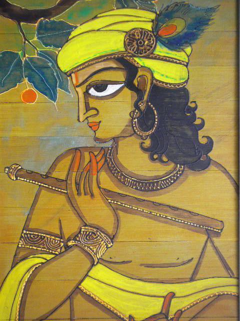 Folk Art acrylic painting titled 'Krishna', 14x18 inches, by artist Pradeep Swain on Leaf
