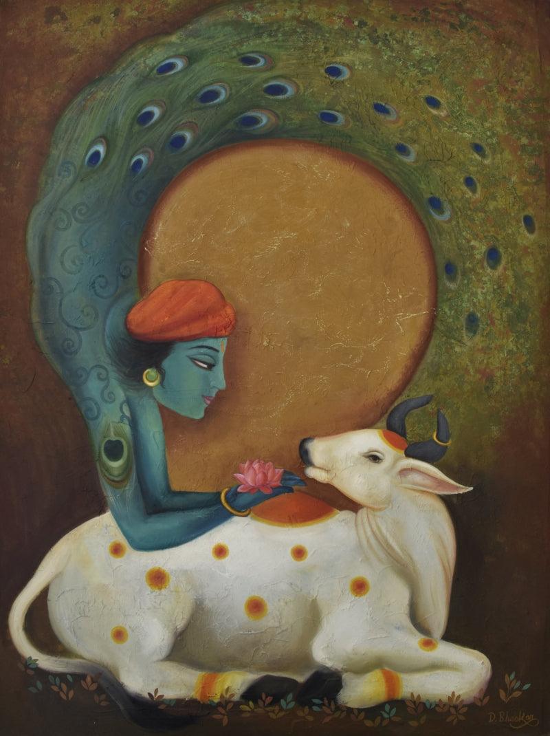 Religious mixed media painting titled 'Krishna', 48x36 inches, by artist Durshit Bhaskar on Canvas