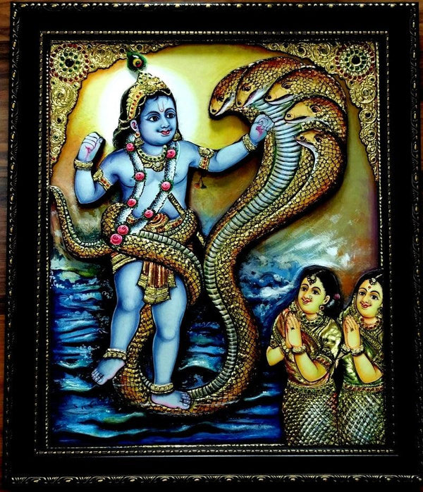 Krishna Dancing On Snake Tanjore Paintin Traditional Art by Vani Vijay | ArtZolo.com