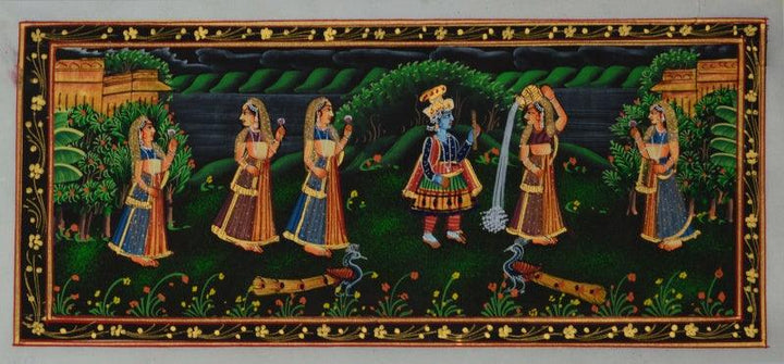 Krishna Eating Makhan With Gopis Traditional Art by Unknown | ArtZolo.com
