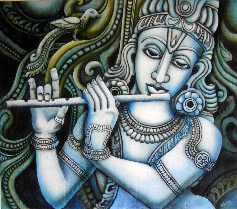 Religious airbrush painting titled 'Krishna I', 30x25 inches, by artist Vishwajyoti Mohrhoff on Canvas
