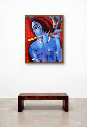 Krishna I (Celestial Melody) by artist Sekhar Roy displayed in a Classic Library