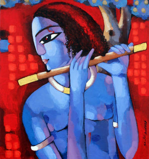Krishna I (Celestial Melody) by Sekhar Roy, Original Acrylic Figurative Painting on Canvas, Medium Vertical Wall Art