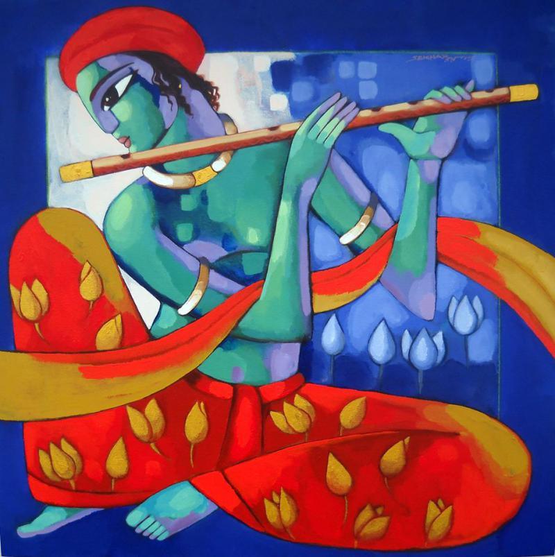 Figurative acrylic painting titled 'Krishna II', 42x42 inches, by artist Sekhar Roy on Canvas
