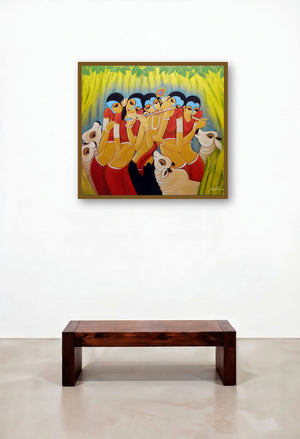 Krishna Lila (Enchanting Melodies) by artist Pallavi Walunj displayed in a Japandi Living Room