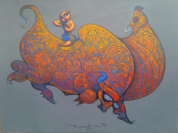 Krishna On Bull Painting by Ramesh Gujar | ArtZolo.com