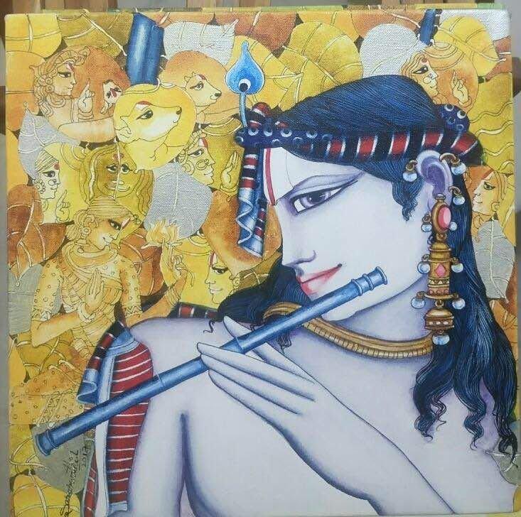 Religious acrylic painting titled 'Krishna Playing Flute', 12x12 inches, by artist Saraswathi Lingampally on Canvas