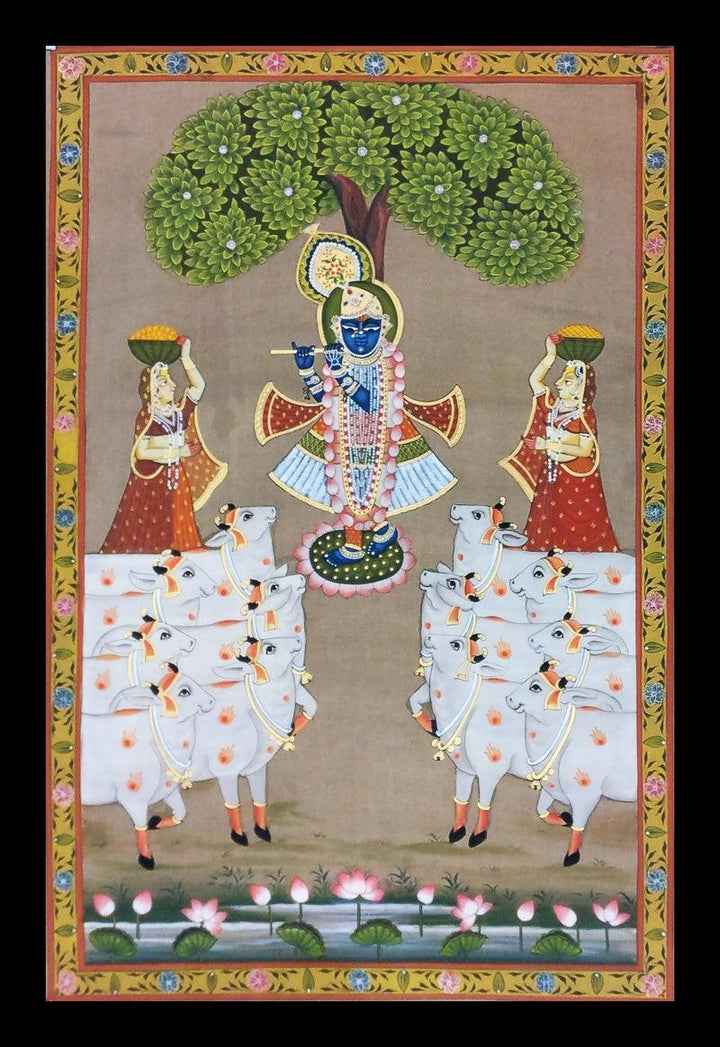 Krishna Playing His Flute Under The Tree Traditional Art by Unknown | ArtZolo.com
