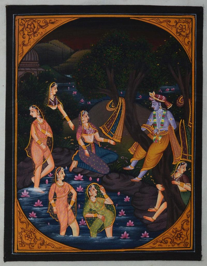Krishna Playing With Gopis In Pond Traditional Art by Unknown | ArtZolo.com