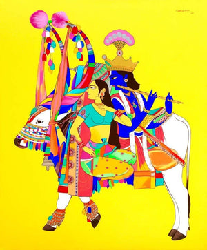 Religious acrylic painting titled 'Krishna Radha 1', 36x30 inches, by artist Mohammed Osman on Canvas