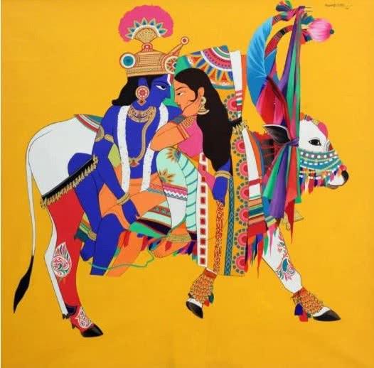 Krishna Radha On Cow Painting by Mohammed Osman | ArtZolo.com
