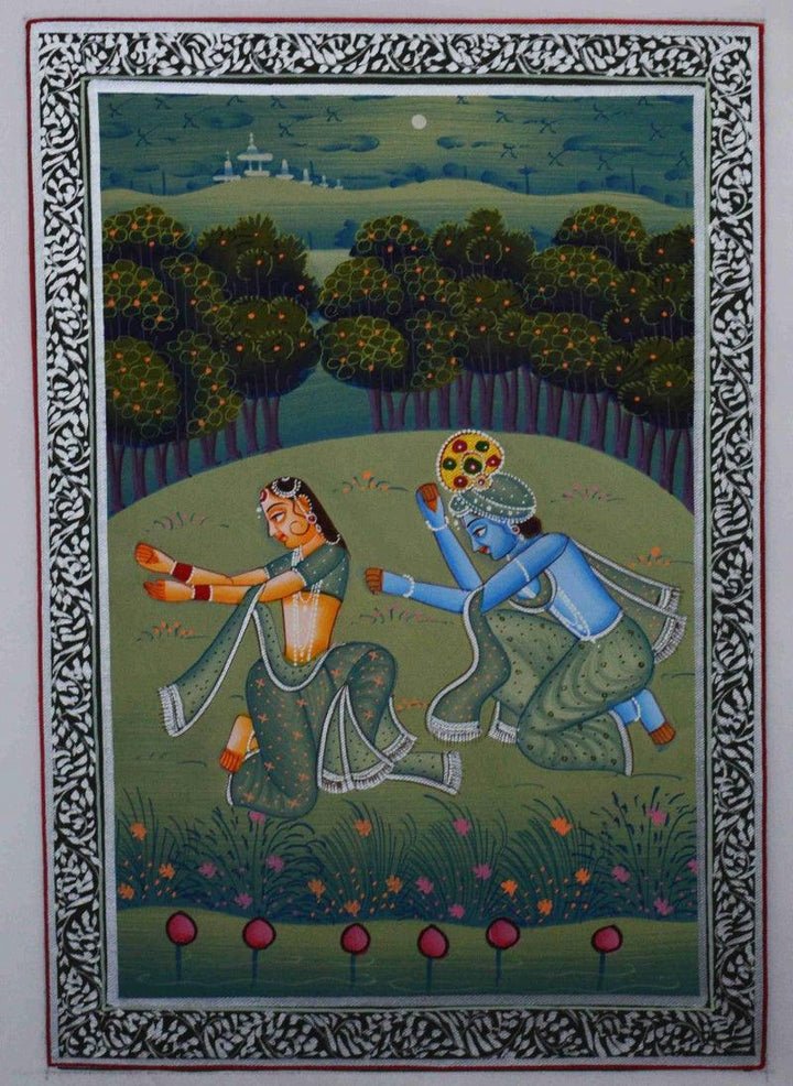 Krishna Radha Playful Moments Traditional Art by Unknown | ArtZolo.com