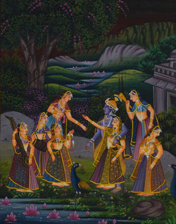 Krishna Radha Treated By Sevikas Traditional Art by Unknown | ArtZolo.com