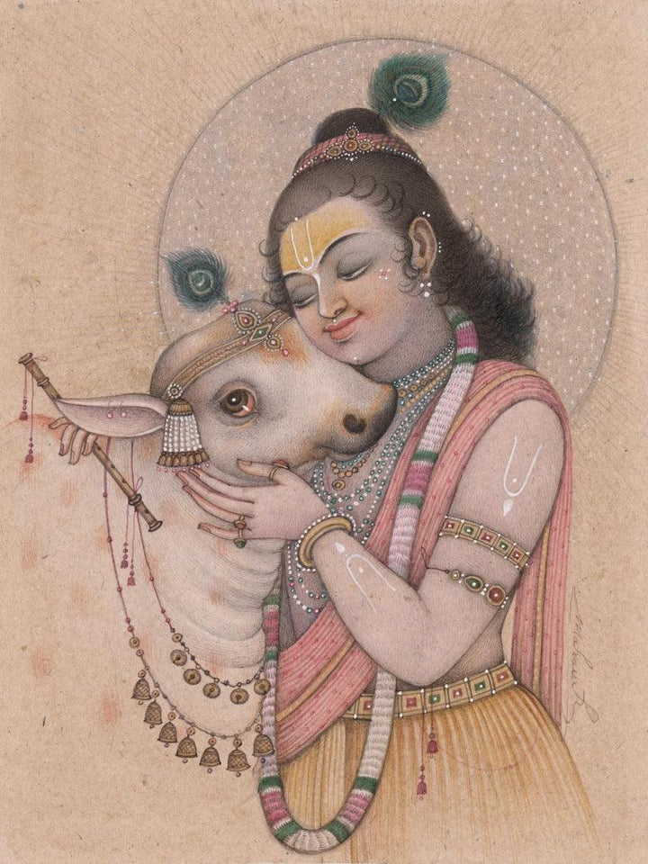 Krishna With Calf 2 Painting by Mahaveer Swami | ArtZolo.com