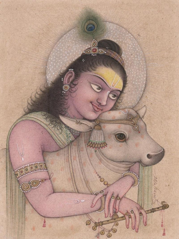 Krishna With Calf Painting by Mahaveer Swami | ArtZolo.com