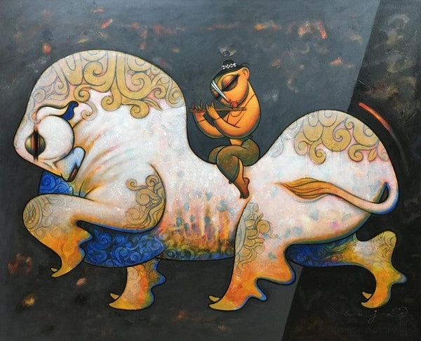 Krishna With Cow Painting by Ramesh Gujar | ArtZolo.com