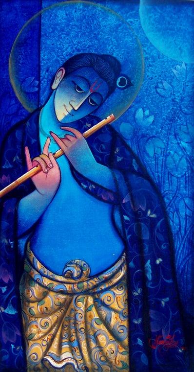 Krishna With Flute Blue Painting by Ram Onkar | ArtZolo.com
