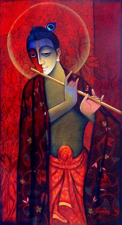 Krishna With Flute Red Painting by Ram Onkar | ArtZolo.com