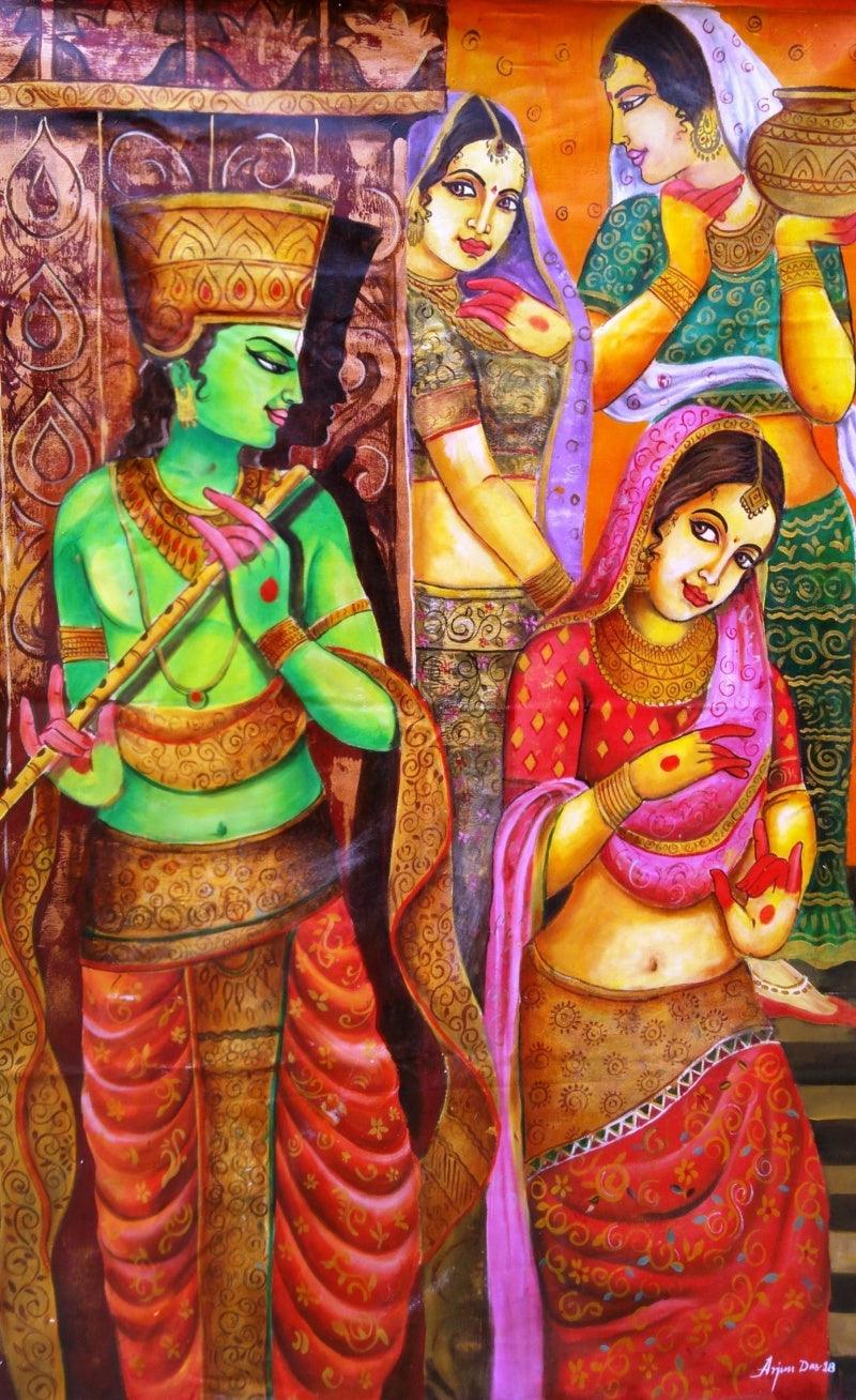 contemporary acrylic painting titled 'Krishna With Gopi', 42x54 inches, by artist Arjun Das on canvas
