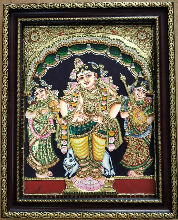 Krishna With Gopikas Tanjore Painting Traditional Art by Vani Vijay | ArtZolo.com