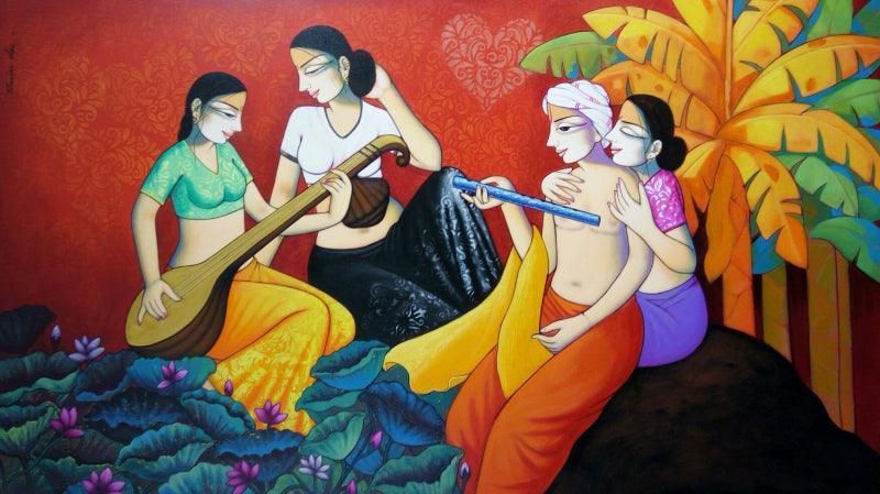 Religious acrylic painting titled 'Krishna With Gopis', 42x72 inches, by artist Pravin Utge on Canvas
