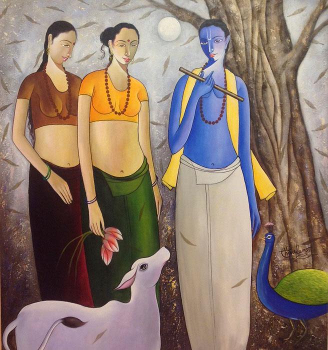Figurative acrylic painting titled 'Krishna With Gopis', 48x44 inches, by artist Shivkumar on Canvas
