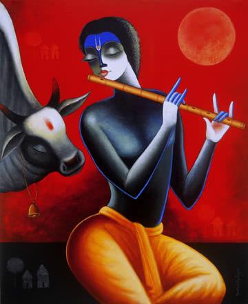 Krishna With His Friend Painting by Santosh Chattopadhyay | ArtZolo.com