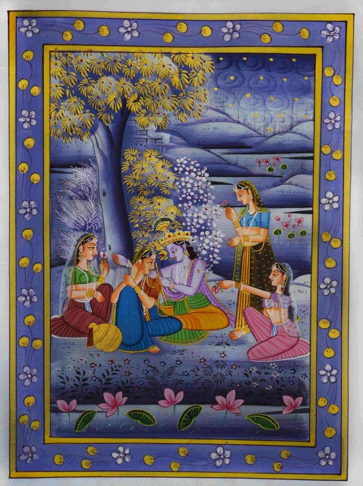 Krishna With Radha At Night Traditional Art by Unknown | ArtZolo.com