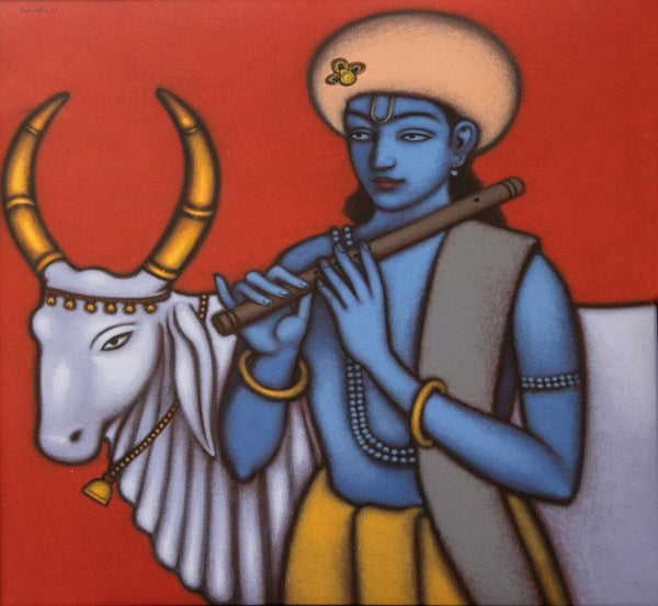 Krishna With White Cow Painting by Balaji Ubale | ArtZolo.com