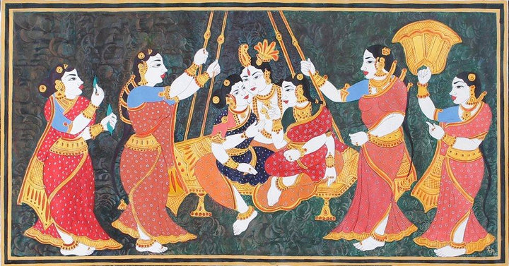 Krishna On Swing With Gopis Painting by Radhika Ulluru | ArtZolo.com