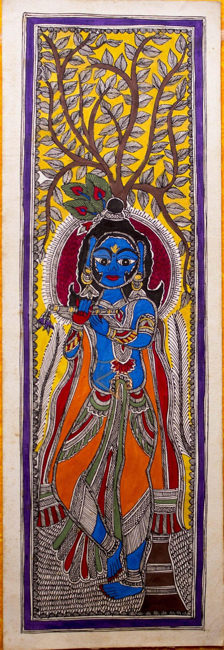 Krishna Playing Flute Madhubani Painting Traditional Art by Kalaviti Arts | ArtZolo.com