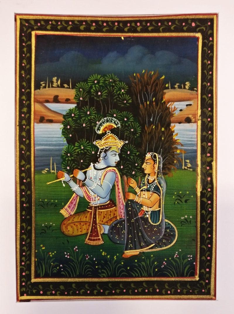 Folk Art watercolor painting titled 'Krishna playing flute for Radha', 5x7 inches, by artist Unknown on silk