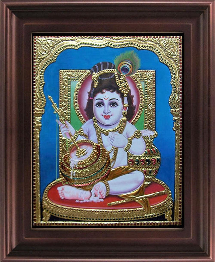 Krishna With Butter Pot Tanjore Painting Traditional Art by Myangadi | ArtZolo.com