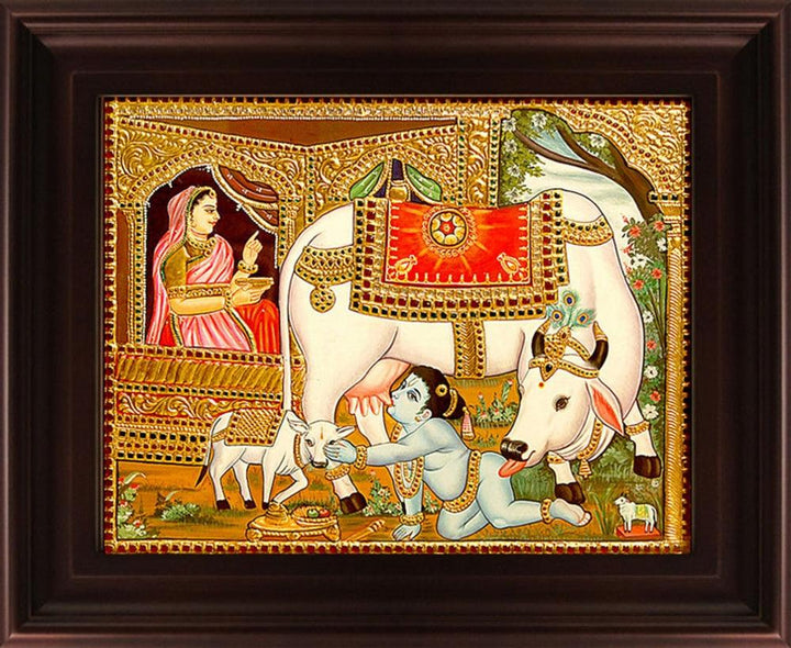 Krishna With Cow Tanjore Painting Traditional Art by Myangadi | ArtZolo.com