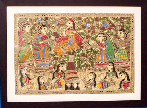 Krishnaleela Gopis River Madhubani Traditional Art by Kalaviti Arts | ArtZolo.com