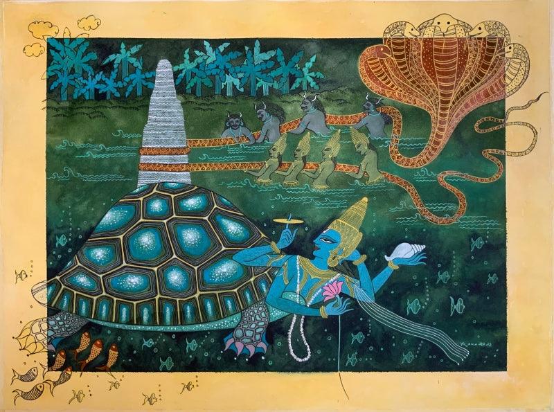 Religious watercolor painting titled 'Kurmavatar', 22x30 inches, by artist Yojana Dehankar on Paper