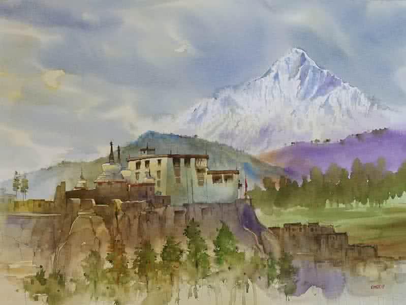 Landscape watercolor painting titled 'Ladakh', 22x28 inches, by artist Kishor Nadavdekar on Paper