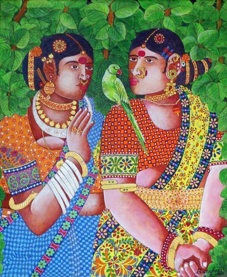 Ladies With Parrot 1 Painting by Bhawandla Narahari | ArtZolo.com