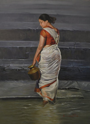 Figurative oil painting titled 'Lady', 36x48 inches, by artist Kamal Rao on Canvas