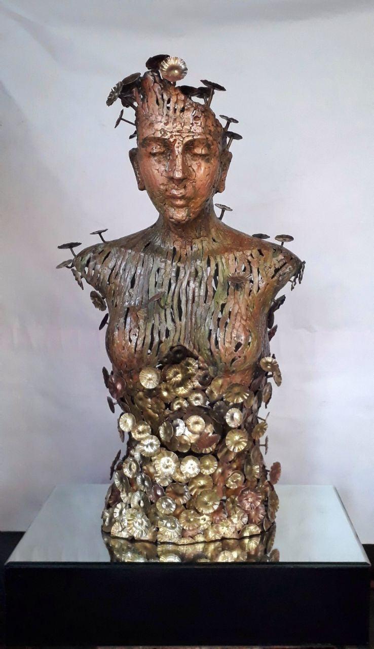 Figurative sculpture titled 'Lady', 29x16x9 inches, by artist Dinesh Singh on Brass, Copper